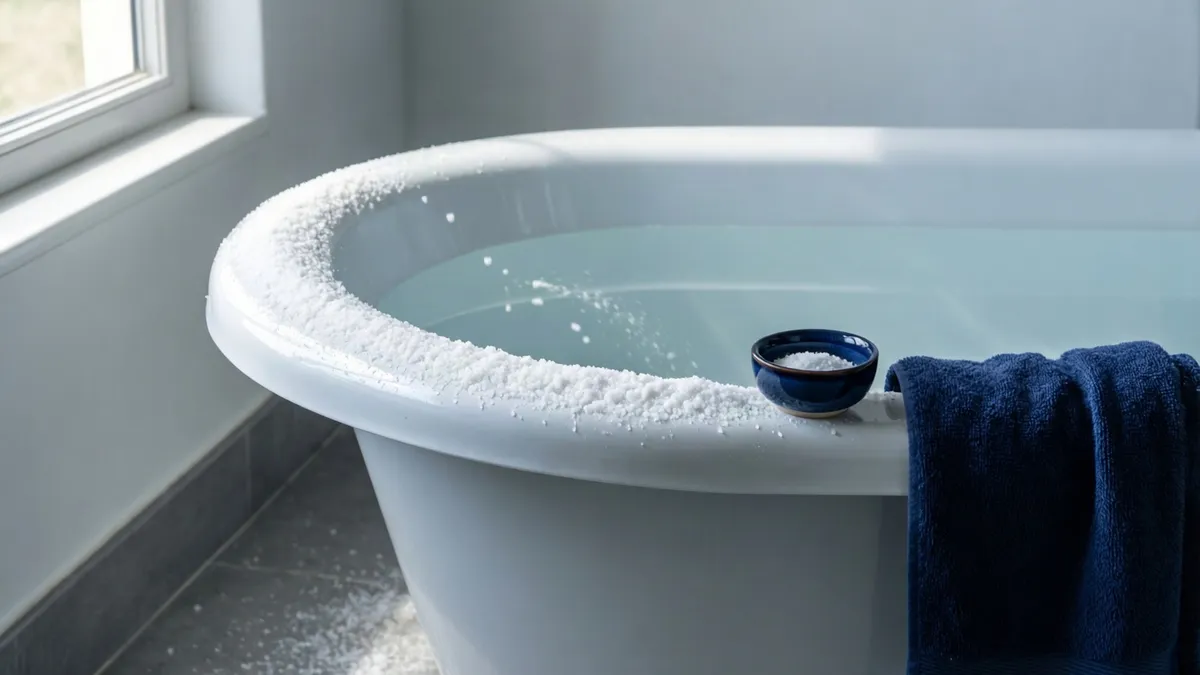 Borde de una bañera blanca llena de agua con sal gruesa esparcida y una toalla azul