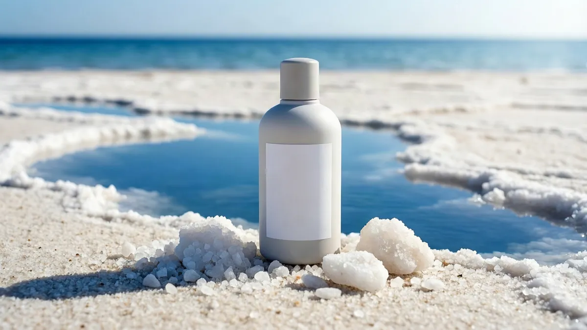 Un frasco blanco con etiqueta vacía descansa sobre cristales de sal y arena, con agua azul y el mar al fondo.