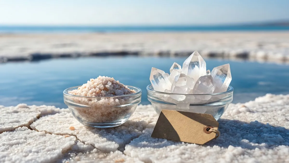 Dos cuencos de cristal con sales y cristales blancos sobre suelo agrietado, junto a una etiqueta marrón, frente a un lago azul bajo el cielo.