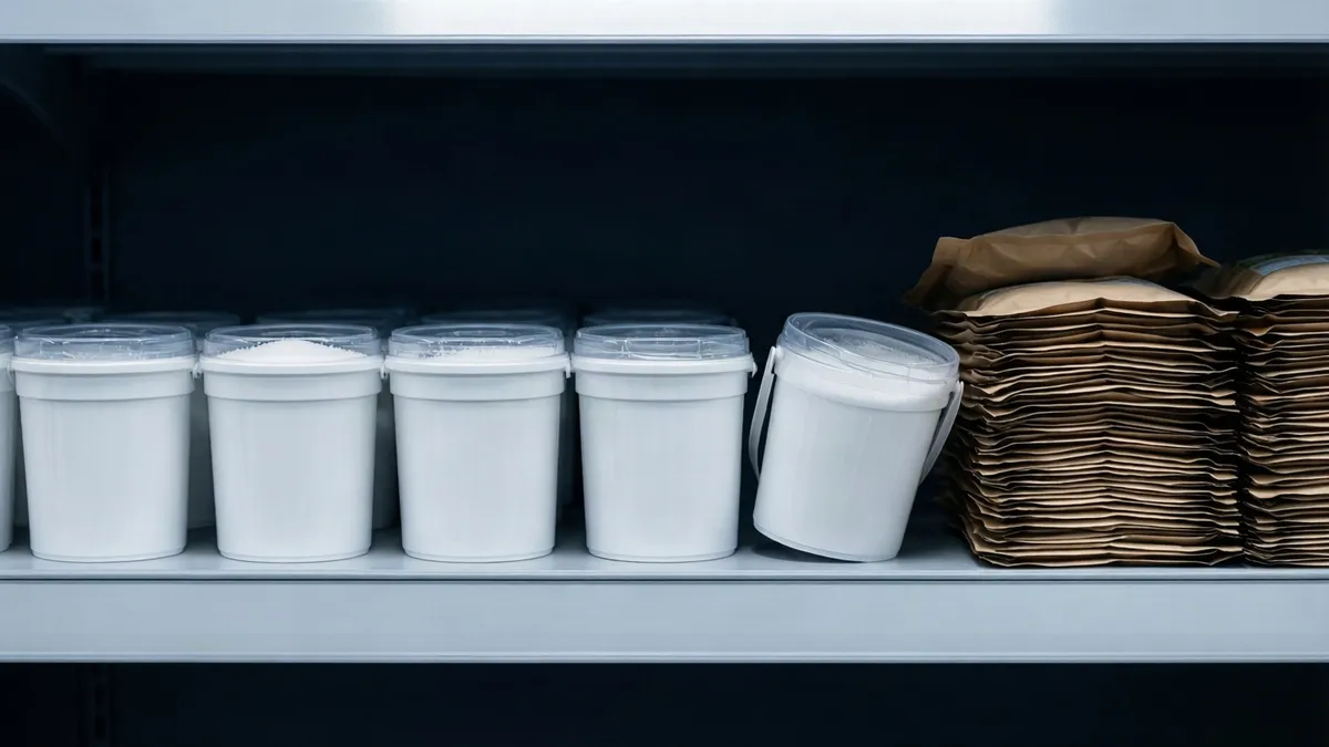 Estante de supermercado con botes blancos de sal y bolsas de papel kraft apiladas