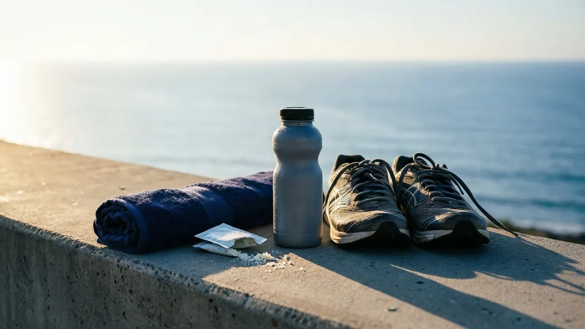 Botella, zapatillas y toalla enrollada sobre un muro frente al mar al amanecer