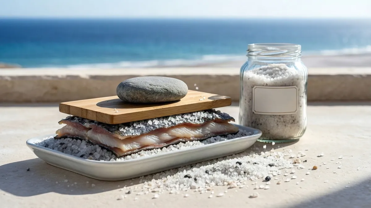 Bandeja de cerámica blanca con capas de sal marina gruesa y lomos curados bajo una tabla de madera lastrada con una piedra, junto a un tarro de cristal lleno de sal.